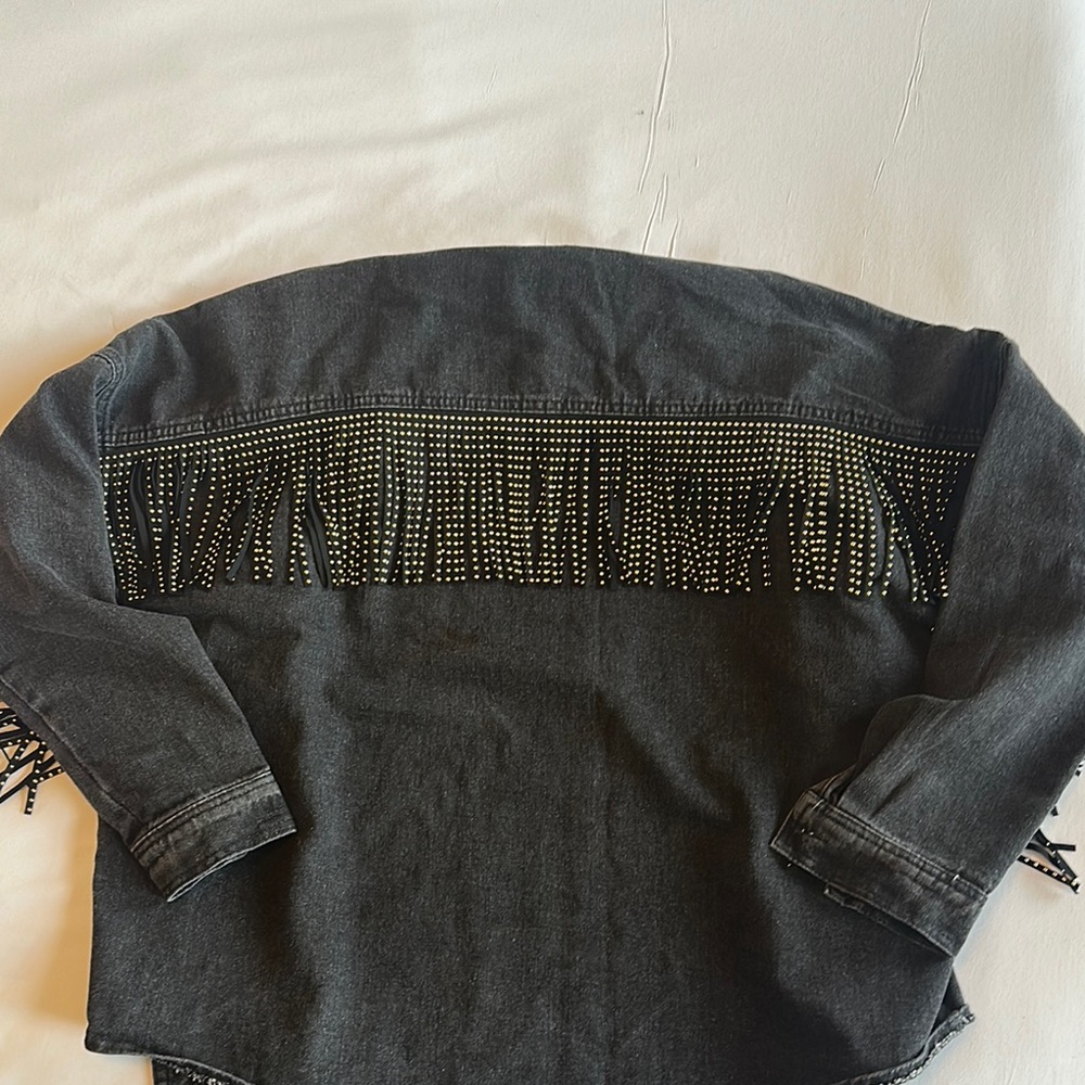 Black Jean Denim  Jacket with Fringe and Studs - Picture 8 of 11